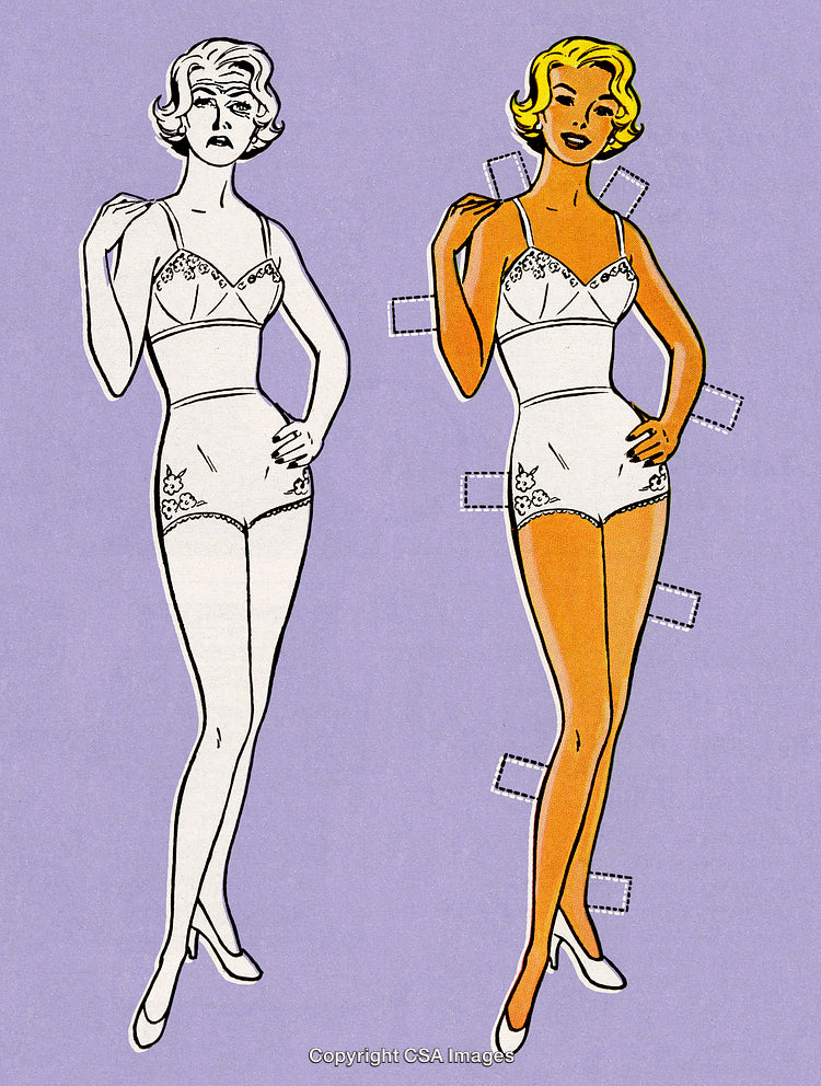 Retro Paper Doll Illustration with Two Color Variants on a Purple Background