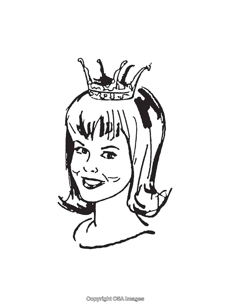 Black and White Line Art of a Smiling Girl Wearing a Crown