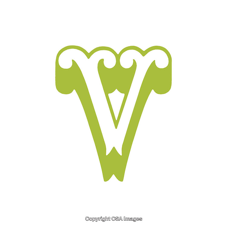 Decorative Serif Letter V in Green Isolated on White Background