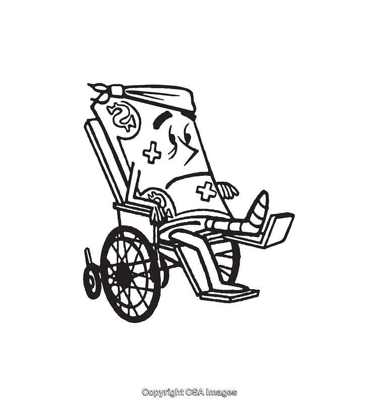 Black and White Line Art of Injured Character in Wheelchair