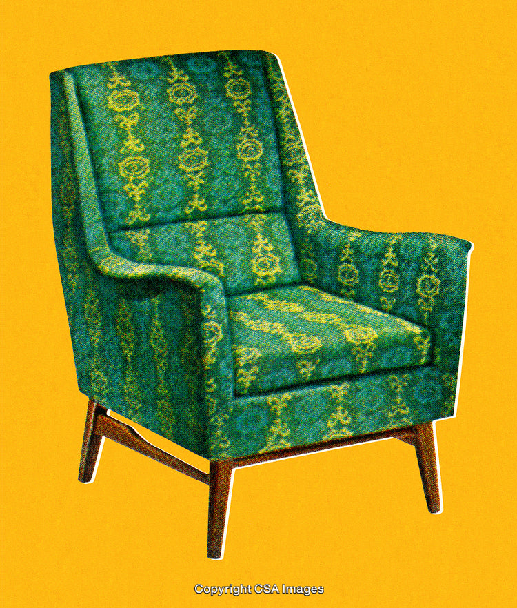 Stylized Vintage Patterned Armchair with Bold Colors on Yellow Background