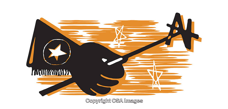Illustrated Abstract Flag With Star and Decorative Symbols in Orange and Black