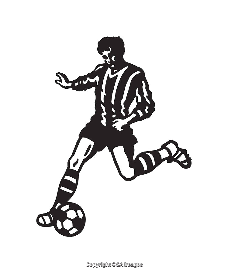 Black and White Line Art of a Soccer Player Kicking a Ball