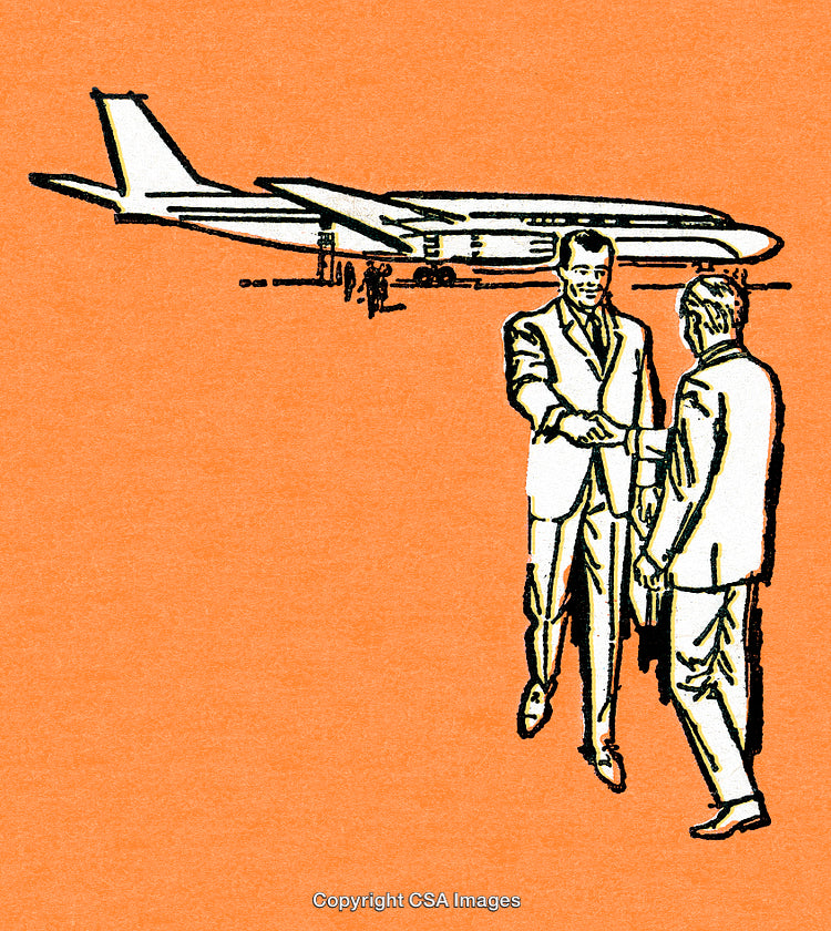 Two Businessmen Shaking Hands in Front of an Airplane Illustration