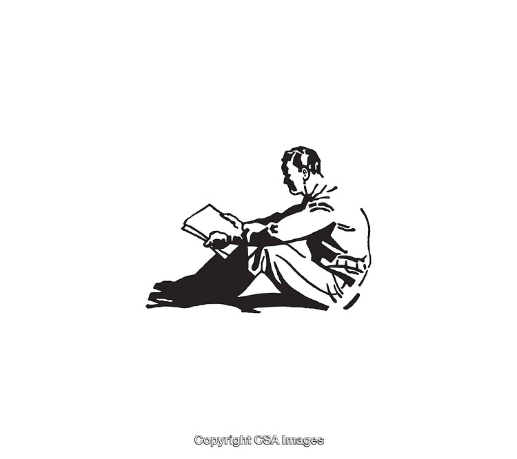 Black and White Illustration of a Person Sitting While Reading a Book