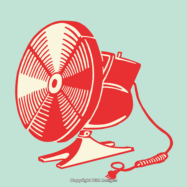 Retro Electric Fan Illustration in Red on Soft Green Background