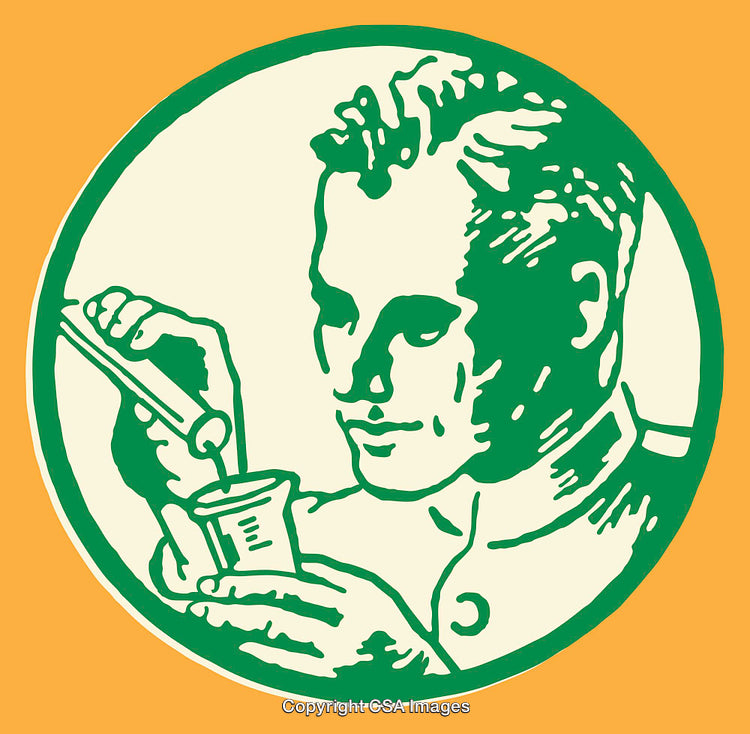 Vintage Styled Scientist Illustration with Laboratory Equipment in Green and Orange