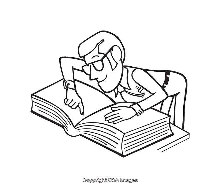 Black and White Line Art of Man Studying an Open Book