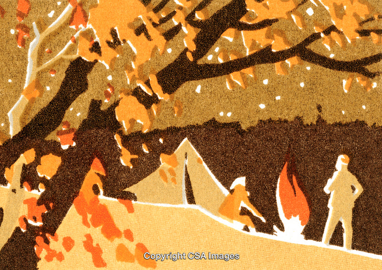 Autumn Camping Scene by the Fire Under Colorful Trees