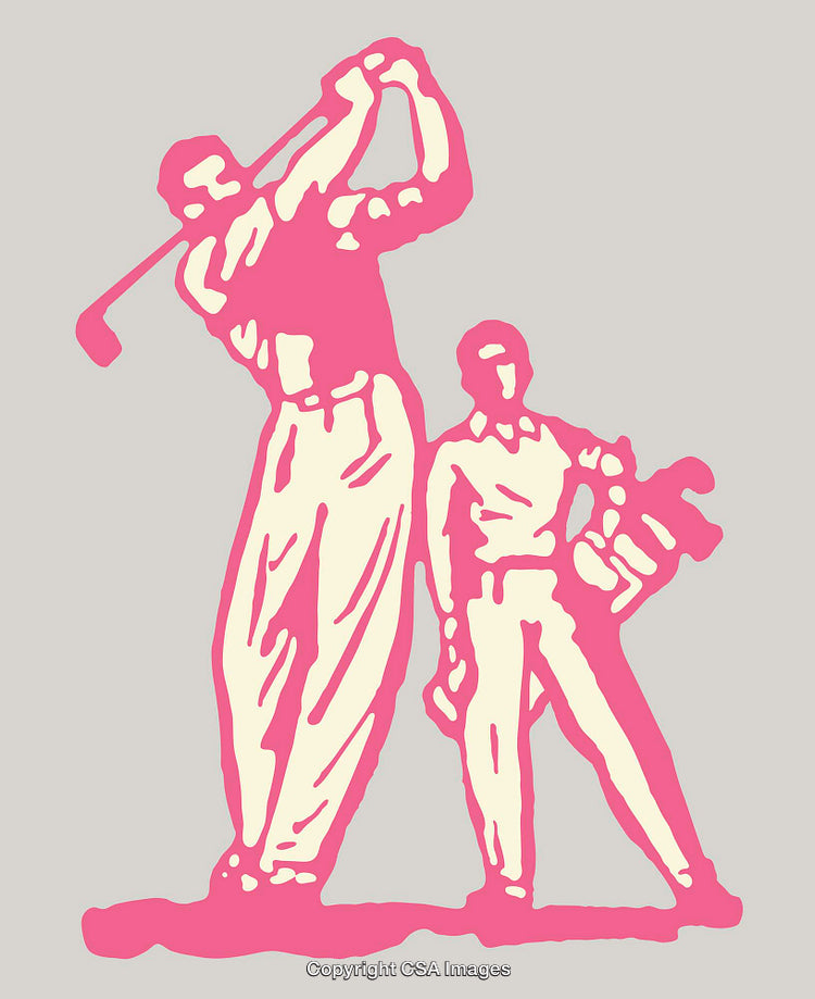 Vintage Golf Illustration Featuring a Swing and Caddy in Pink Design