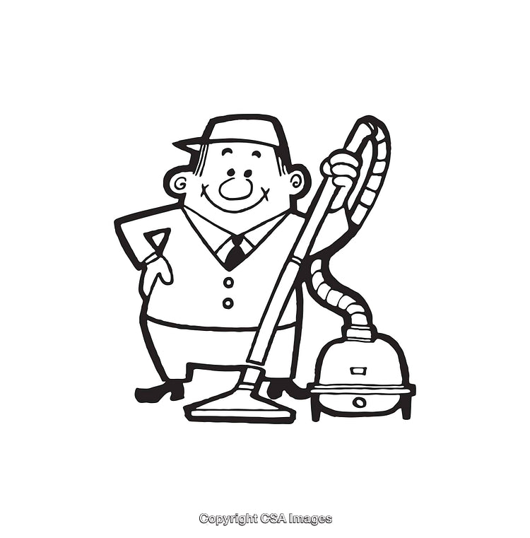 Retro Cartoon Man with Vacuum Cleaner in Black and White Line Art