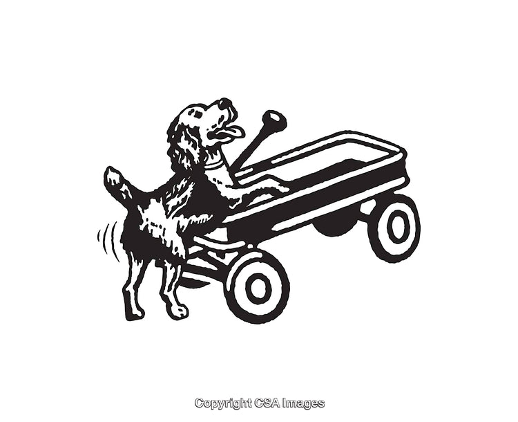 Black and White Line Art of a Dog with a Wagon