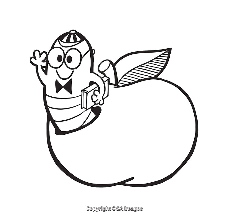 Cartoon Line Art of Apple and Friendly Worm with Book