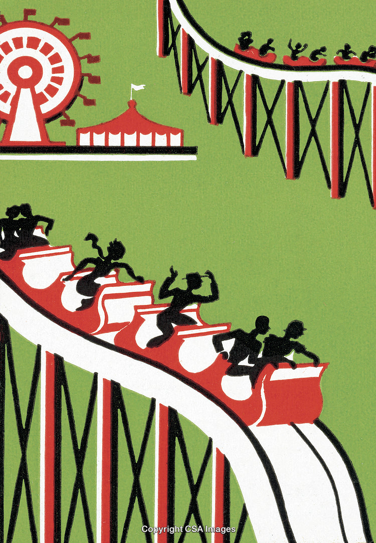 Colorful Illustration of Amusement Park With Roller Coaster and Ferris Wheel