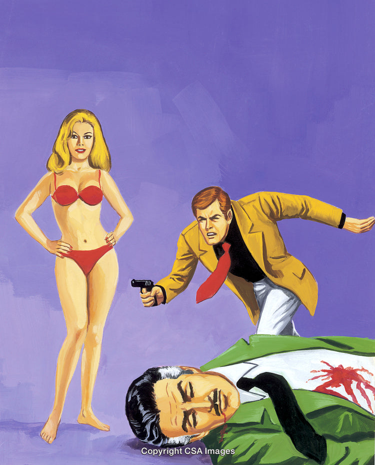 Retro Crime Scene with Intriguing Characters in Dramatic Vintage Artwork