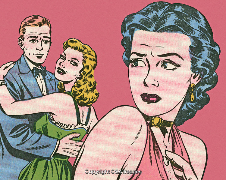 Retro Comic Style Illustration Depicting Complex Love and Jealousy
