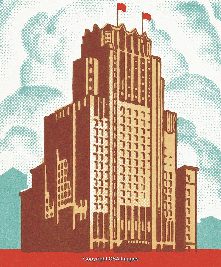 Stylized Retro Skyscraper Illustration with Minimalistic Design and Urban Aesthetics