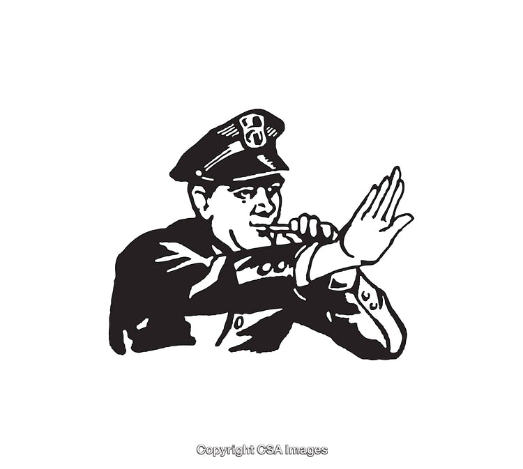 Black and White Illustration of a Whistling Police Officer Directing Traffic