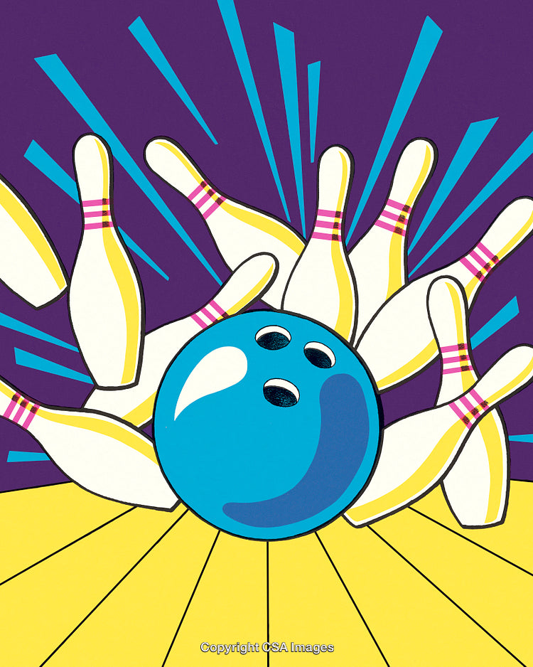 Vibrant Bowling Strike Artwork with Blue Ball and Toppled Pins