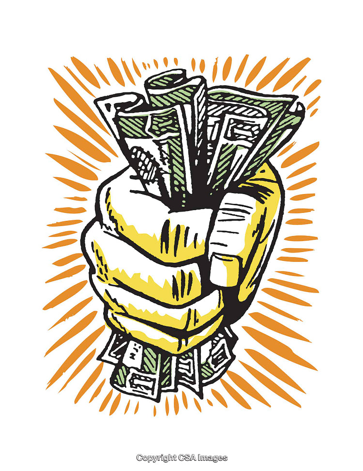 Illustrated Hand Grasping Money Representing Wealth and Financial Prosperity