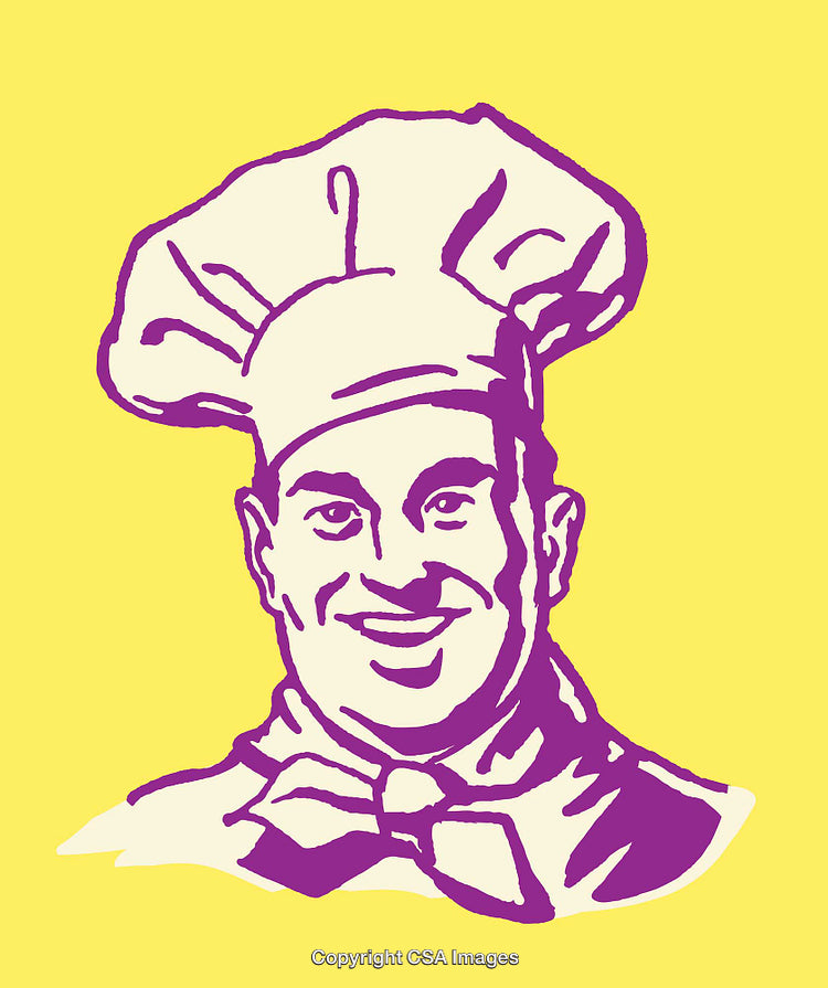 Smiling Chef Illustration in Bold Purple and Yellow Line Art Design