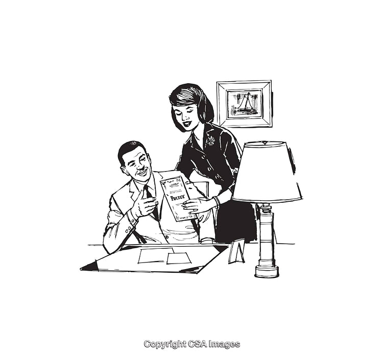 Vintage Line Art Depiction of Office Teamwork and Collaboration