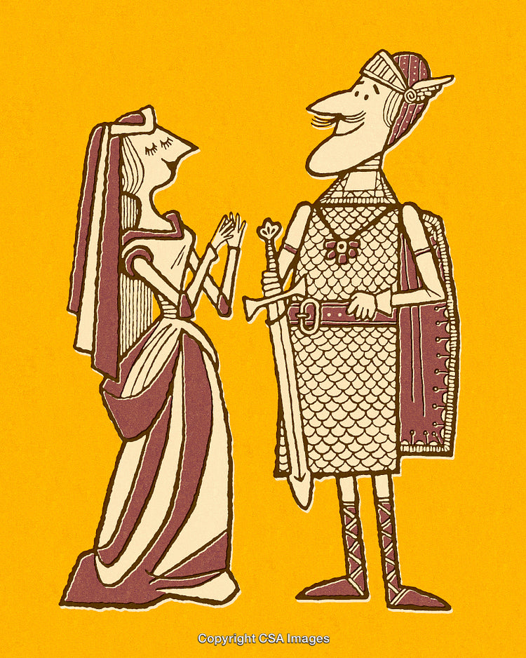 Whimsical Medieval Knight and Lady Illustration on Yellow Background