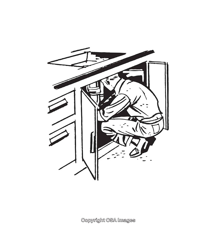Black and White Illustration of a Plumber Fixing a Kitchen Sink