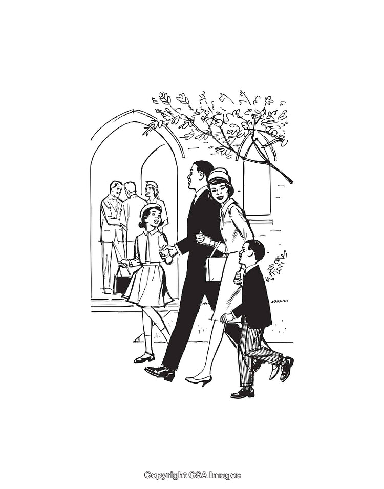 Retro Family Entering Church for Social Gathering