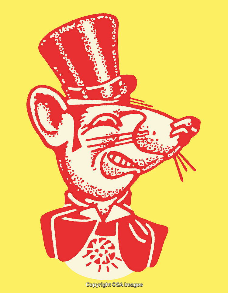 Vintage Style Rat Illustration in Red on a Yellow Background
