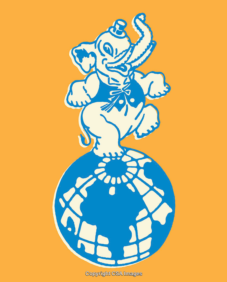 Colorful Retro Illustration of Elephant Balancing on a Globe