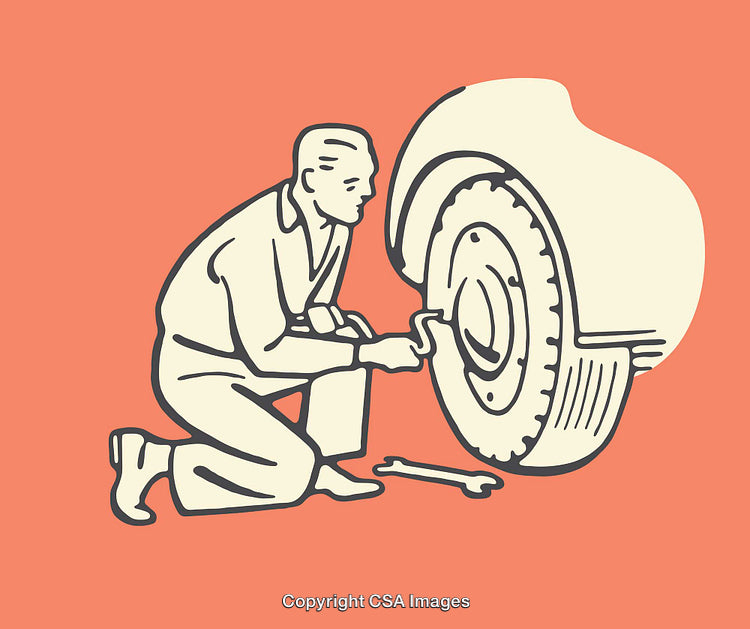 Illustrated Man Changing Car Tire on Orange Background