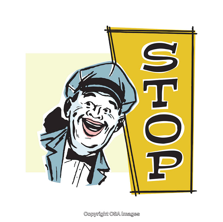 Retro Illustration of a Smiling Man with a Yellow "STOP" Sign Design