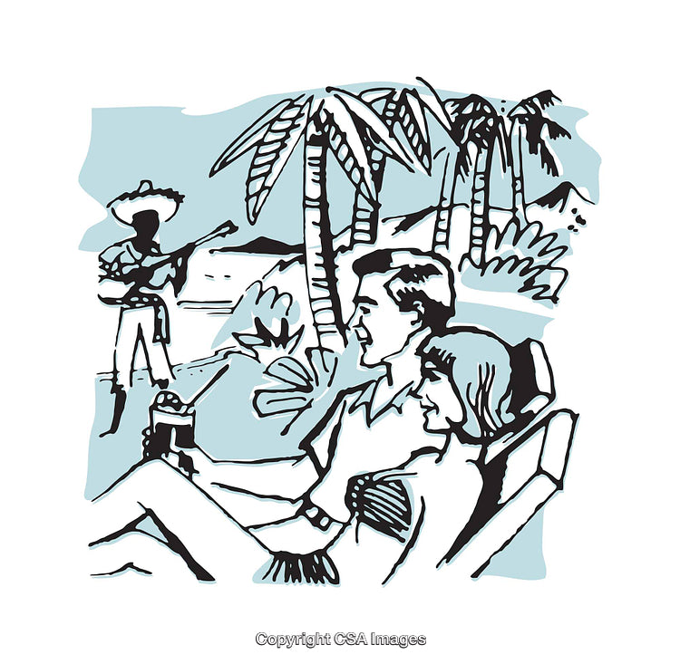 Retro Illustration of a Couple Relaxing by a Tropical Beach