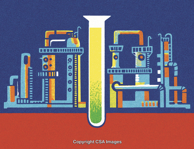 Abstract Illustration of Chemical Processing Equipment and a Laboratory Vial