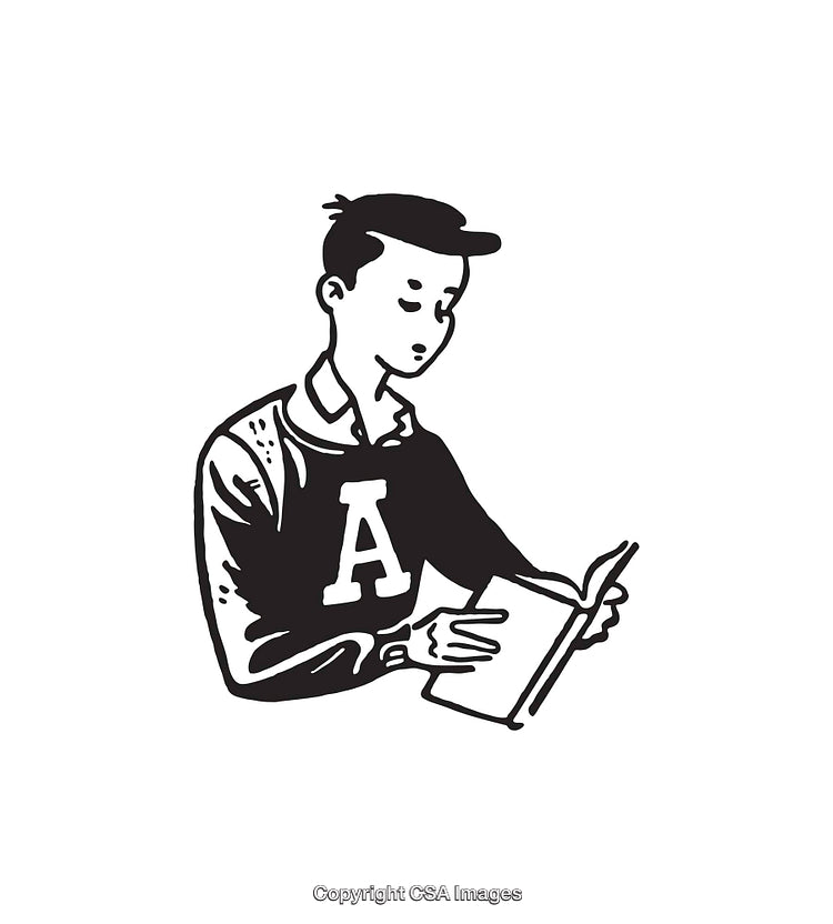 Black and White Line Art Illustration of a Student Reading