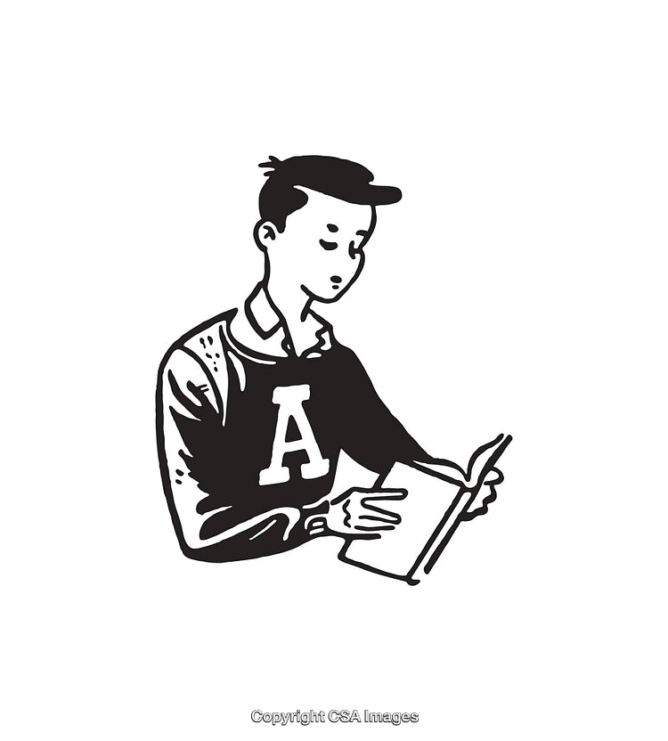 Black and White Line Art Illustration of a Student Reading