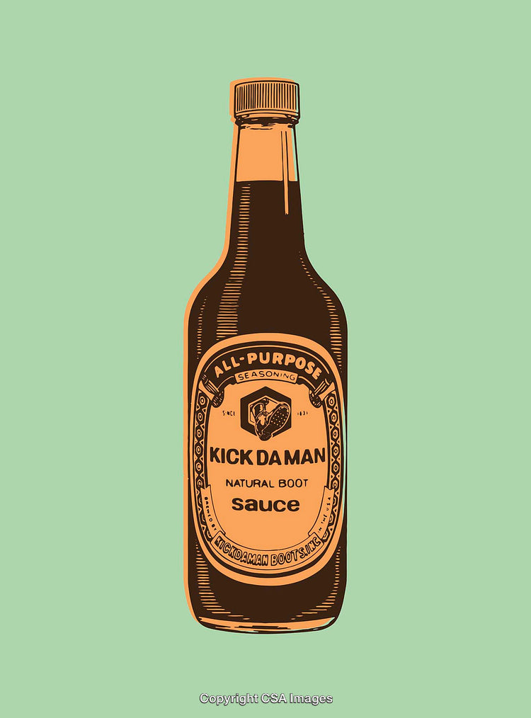 Retro Style Line Art Illustration of a Sauce Bottle on Green Background