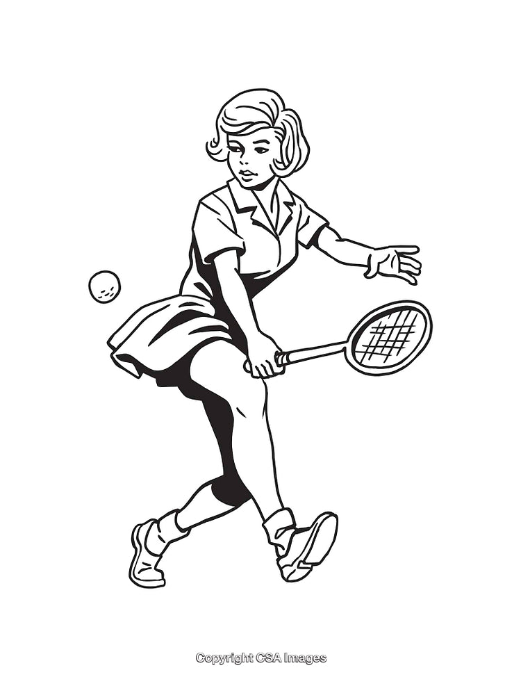 Black And White Line Art of Woman Playing Tennis With Focused Expression