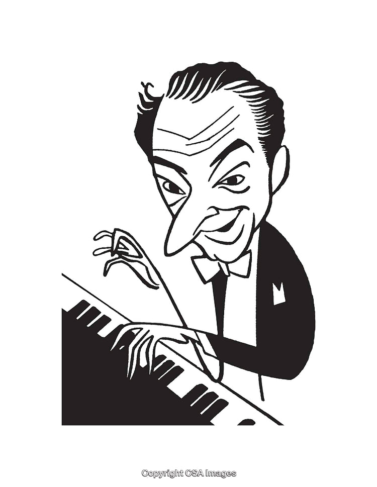 Black and White Caricature of a Piano Player with Expressive Features