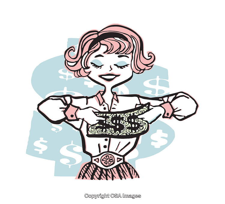 Retro Art Illustration of Smiling Woman with Dollar Symbols