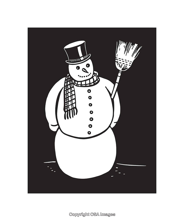 Snowman Illustration Wearing Top Hat Holding Broom in Black and White Artwork