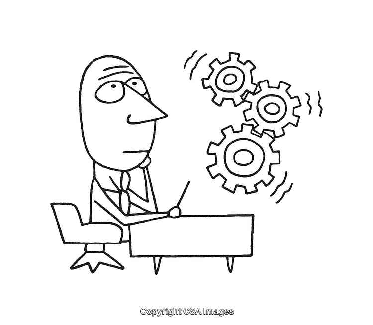 Black and White Illustration Depicting Businessman with Spinning Gears Overhead