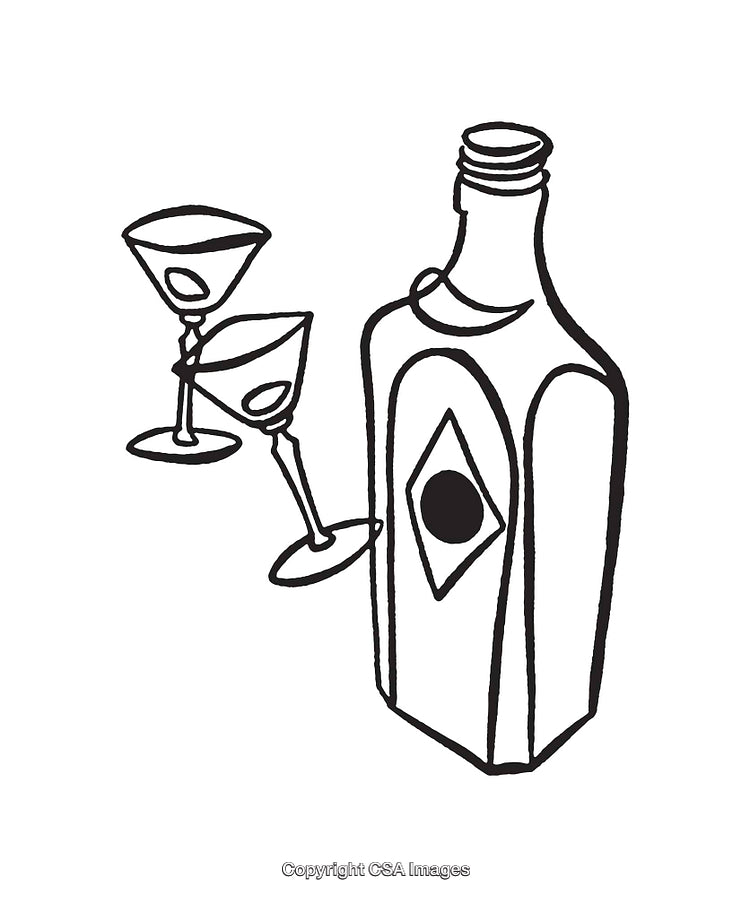 Black And White Line Art of Martini Glasses and a Liquor Bottle