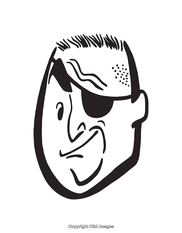 Black and White Line Art Illustration of a Character Face with Eye Patch