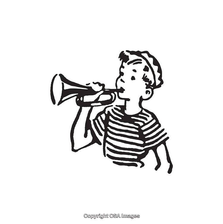 Retro Illustration of a Boy Playing a Trumpet in Black and White Art