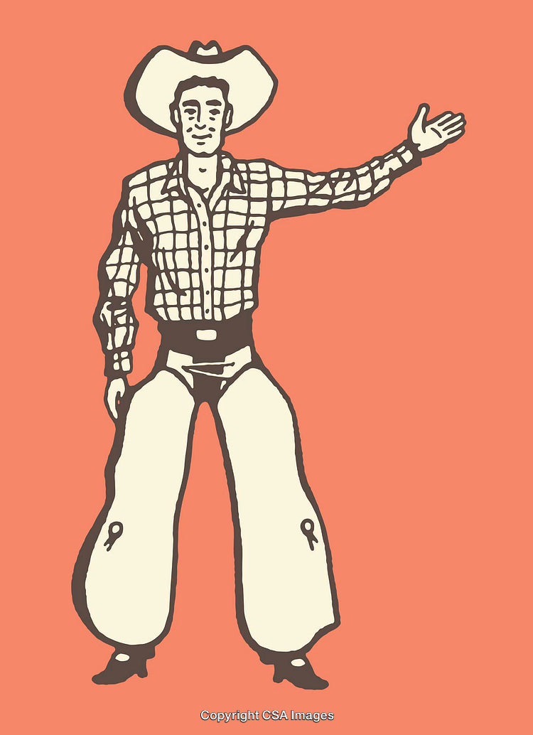 Cowboy Illustration Featuring Western Outfit and Gesture on Bright Background