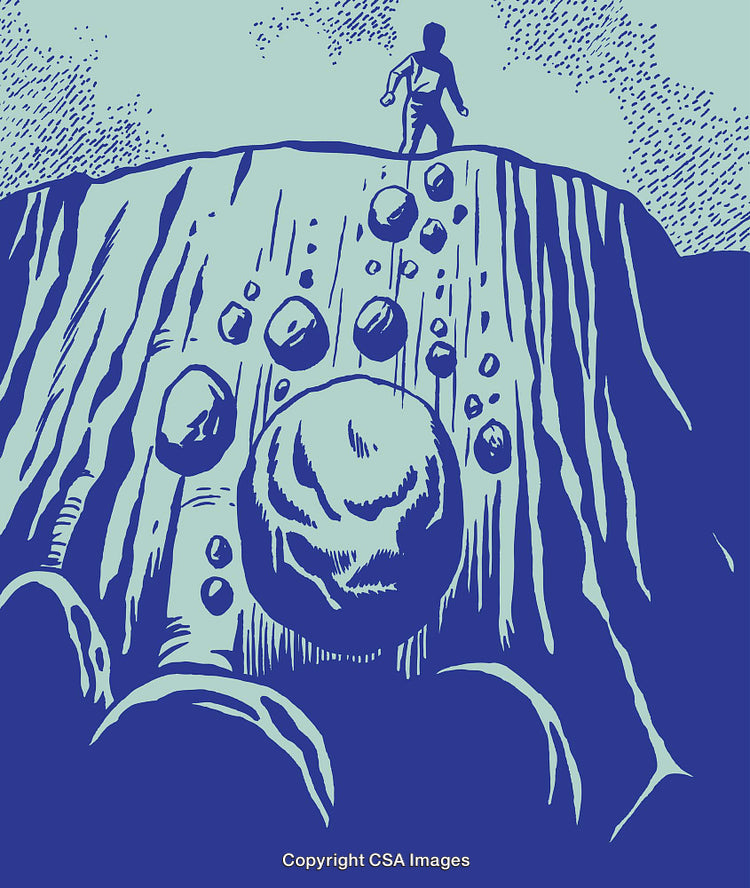 Illustrative Depiction of a Figure Facing Boulder Challenge on a Cliff Edge