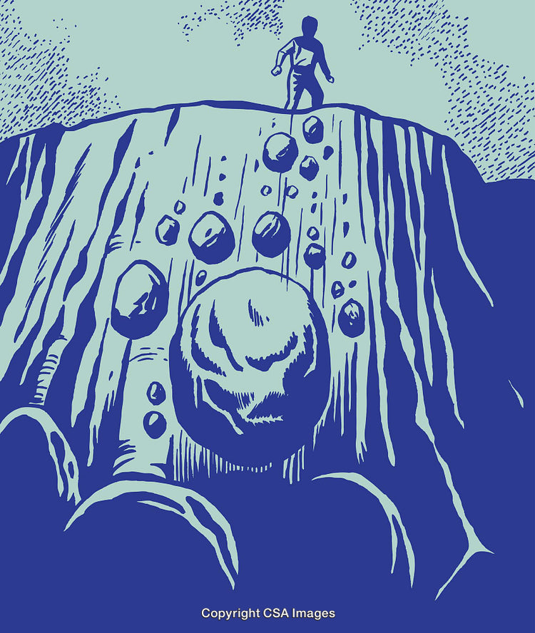 Illustrative Depiction of a Figure Facing Boulder Challenge on a Cliff Edge