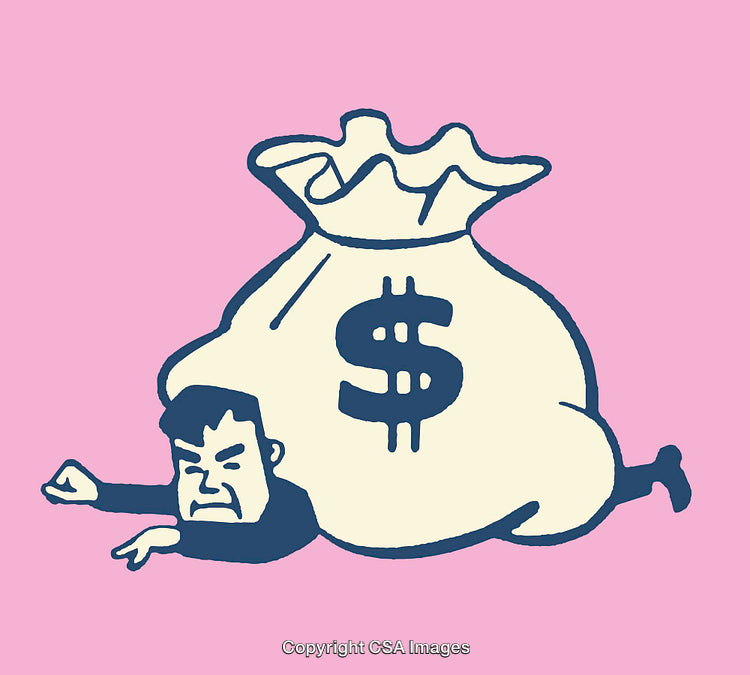 Man Struggling Under Large Bag of Money, Comic Style Illustration